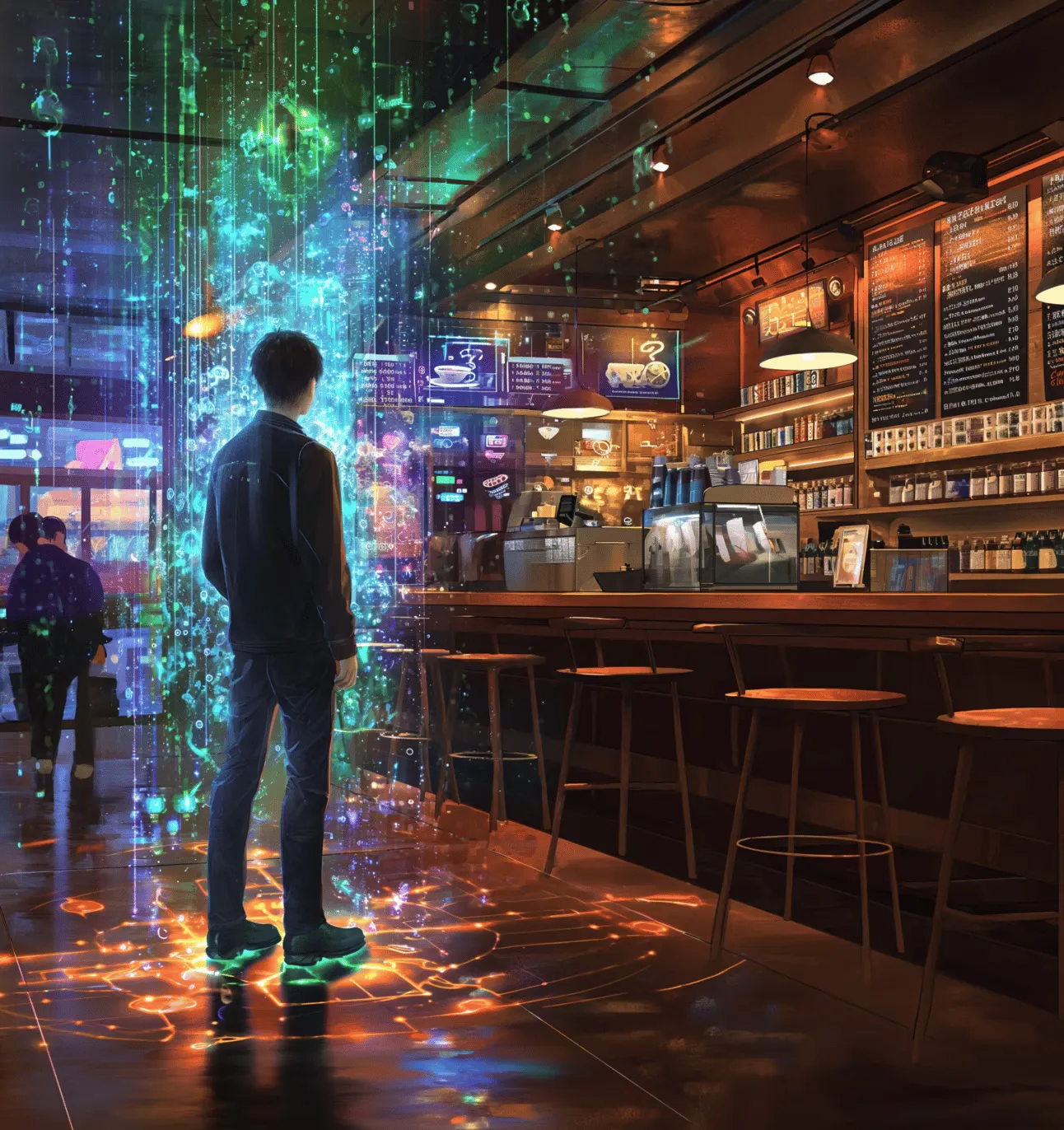 Visualização dos "auras" numa cafeteria: no cenário do Miessler, agentes trocam informações automaticamente entre si. Fonte: danielmiessler.com