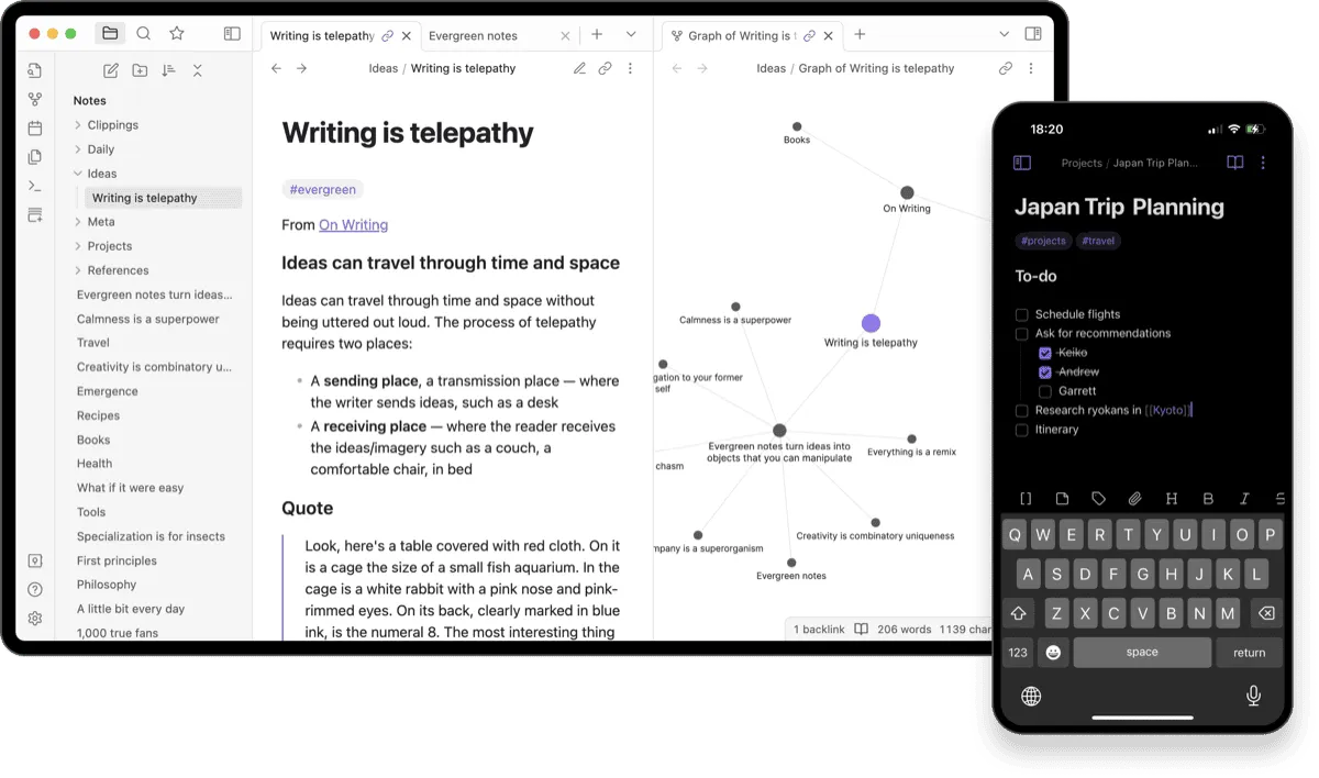 Obsidian with the graph view connecting notes