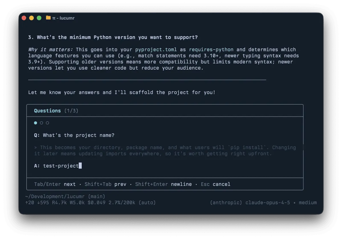 Pi respondendo a uma pergunta diretamente no terminal, sem MCP servers, sem protocolo complexo. Fonte: Armin Ronacher.