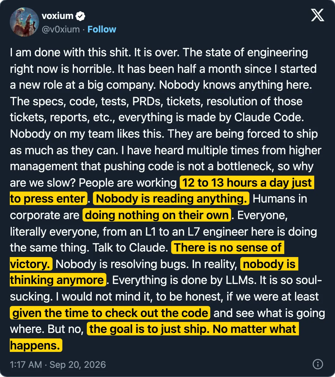 Tweet by @v0xium, Sep 20, 2026, 8 million views: everything is made by Claude Code, nobody is reading anything, nobody is thinking anymore, the goal is to just ship