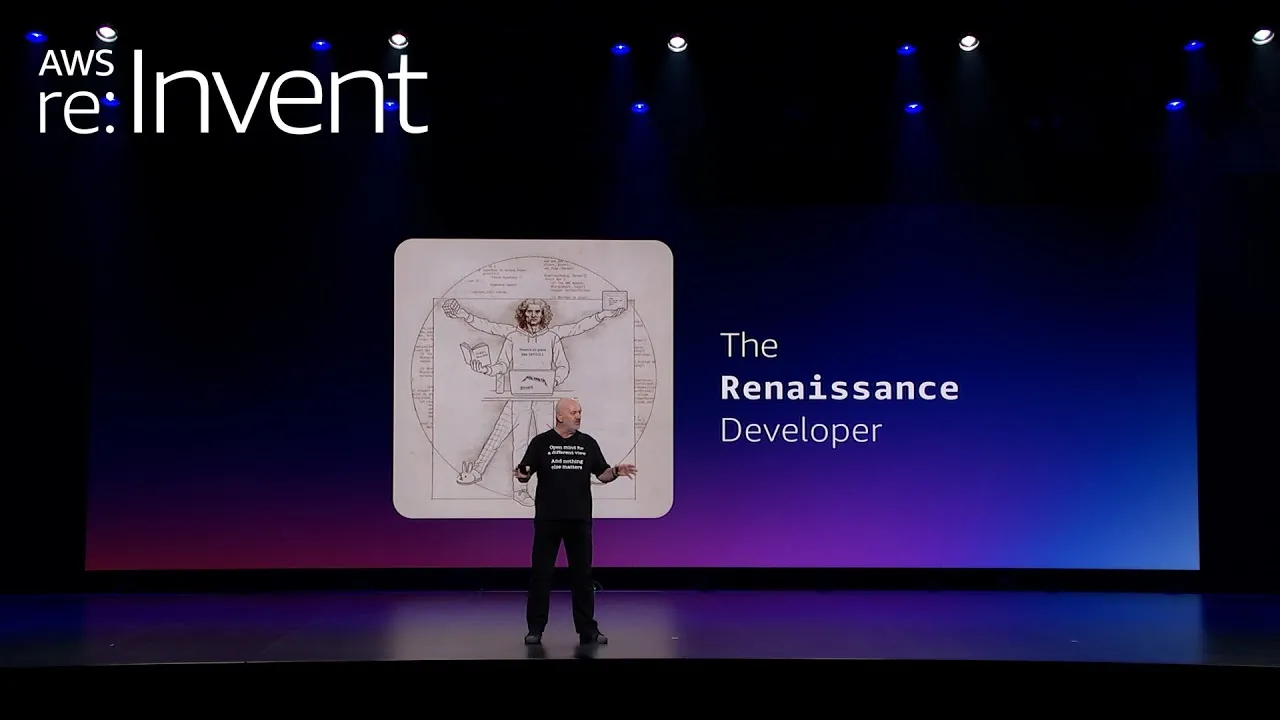 Werner Vogels no AWS re:Invent 2025, apresentando o conceito de "Renaissance Developer"