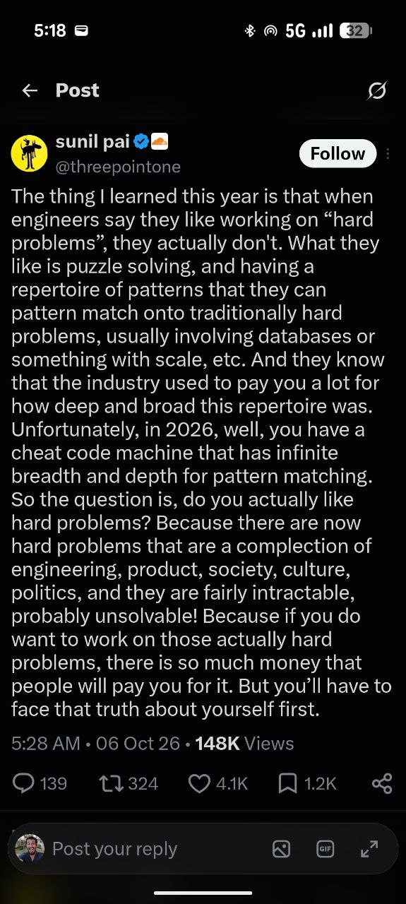 Tweet do Sunil Pai sobre engenheiros gostarem de puzzles, não de problemas difíceis