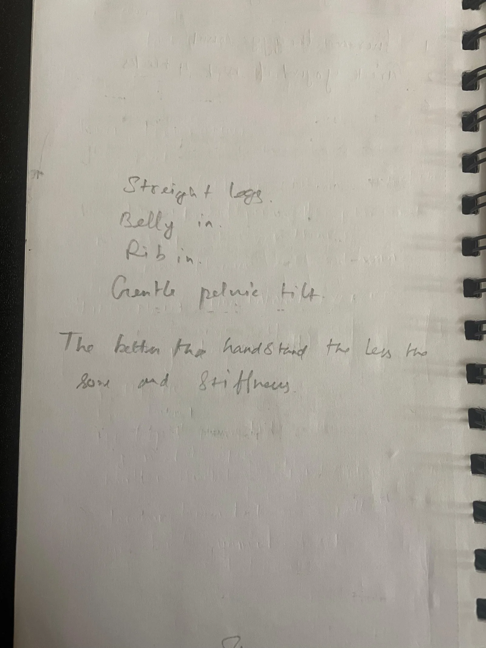 Yuval's core handstand principles - handwritten note
