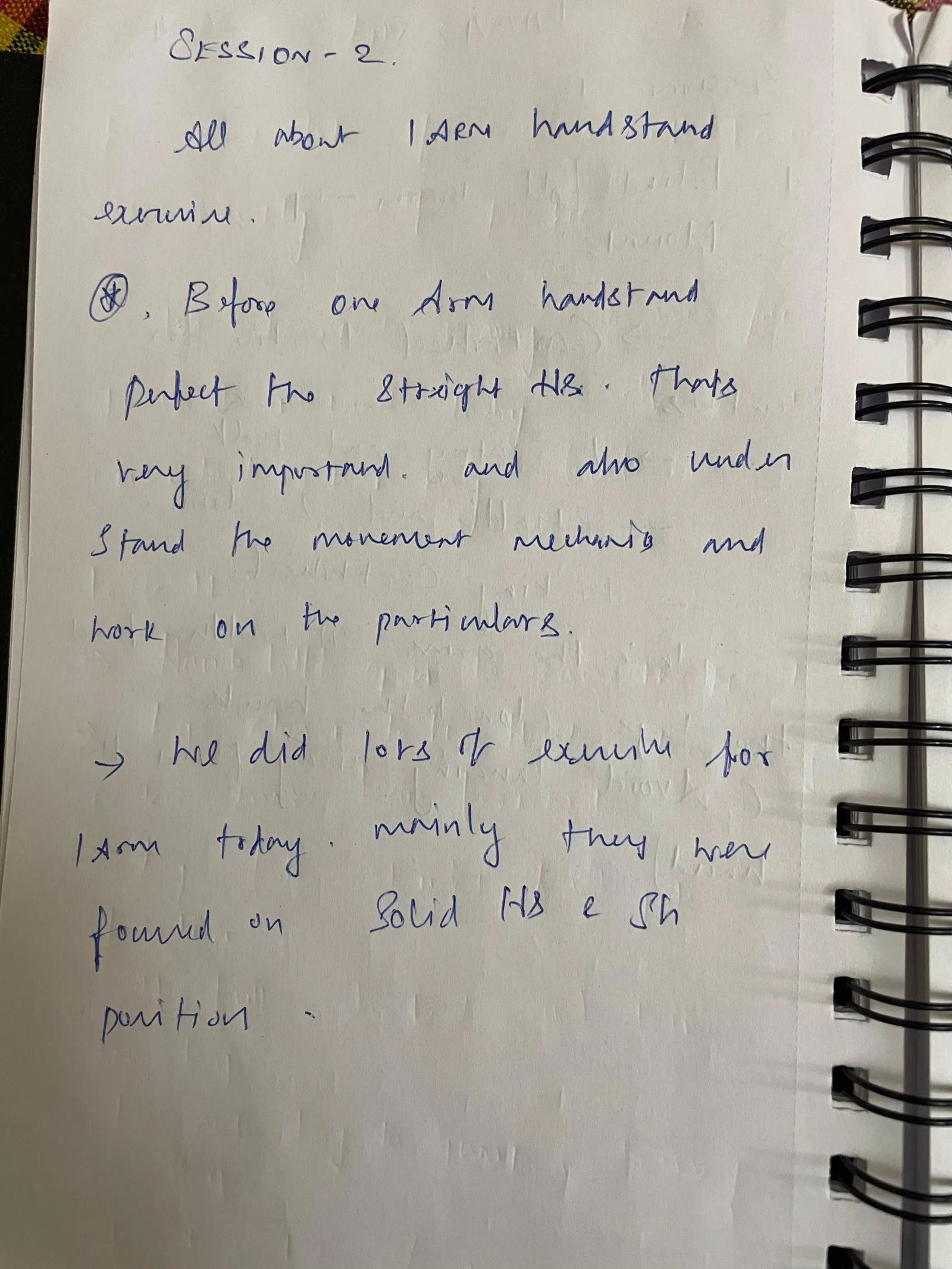 Dinesh's handwritten notes: Day 3 — One Arm HS